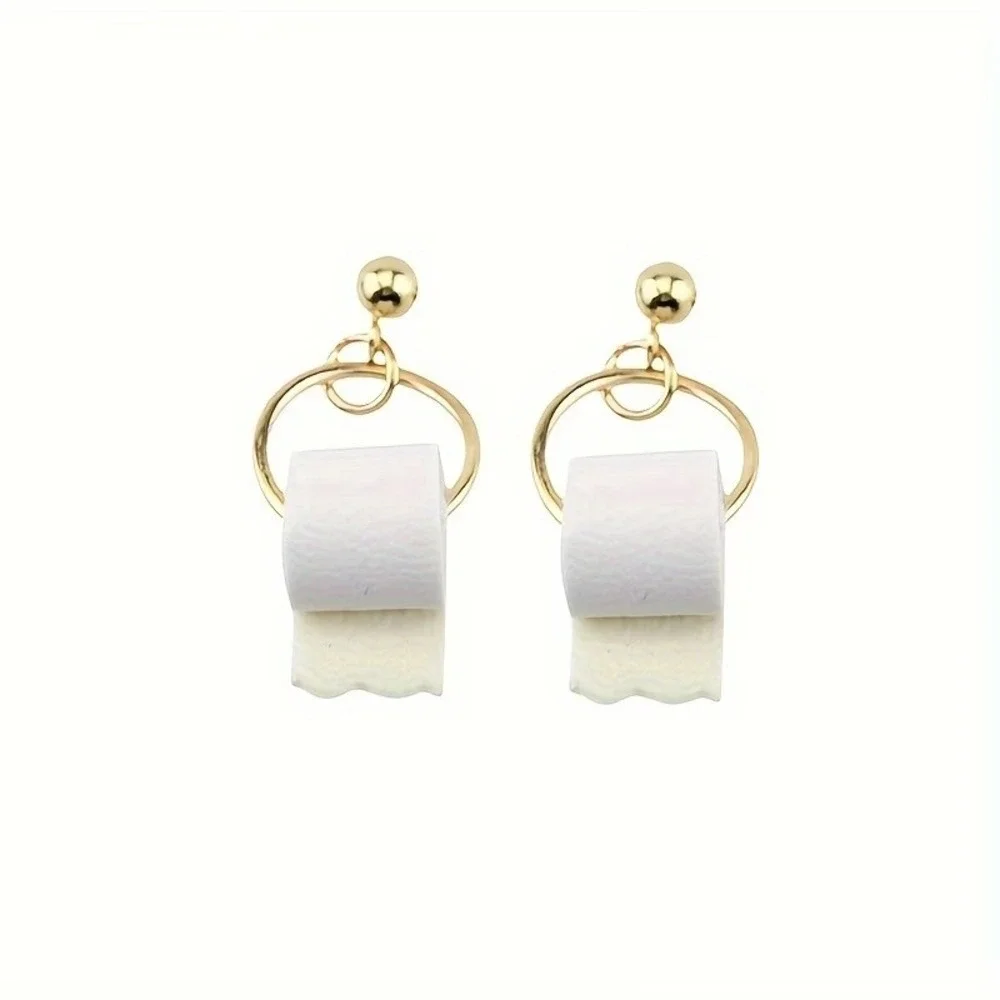 Funny Toilet Paper Roll Dangle Earrings Gold Tone Novelty‎ Gag Gift Jewelry